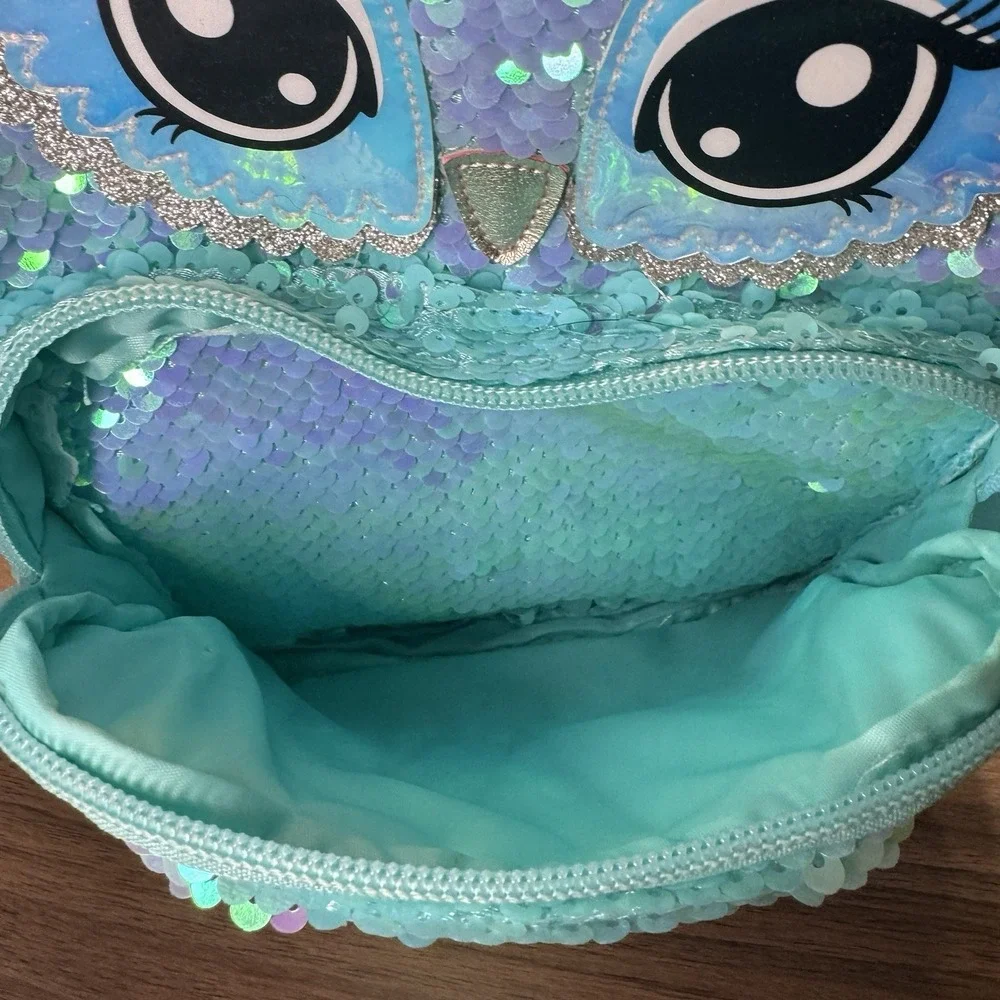 Justice MINI Owl Blue/Green Flip Sequin Initial Shimmer‎ Backpack Initial M